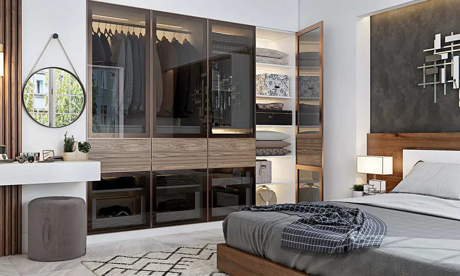 master bedroom design with glass door wardrobe and multi wardrobe
